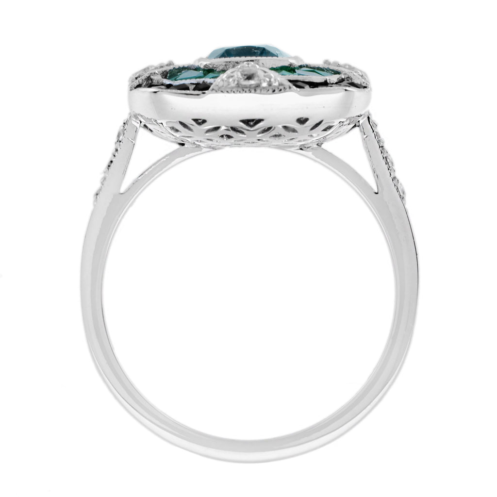 Cushion Shape London Blue Topaz & Onyx Emerald Diamond Art Deco White Gold Ring