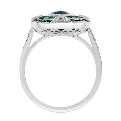 Cushion Shape London Blue Topaz & Onyx Emerald Diamond Art Deco White Gold Ring