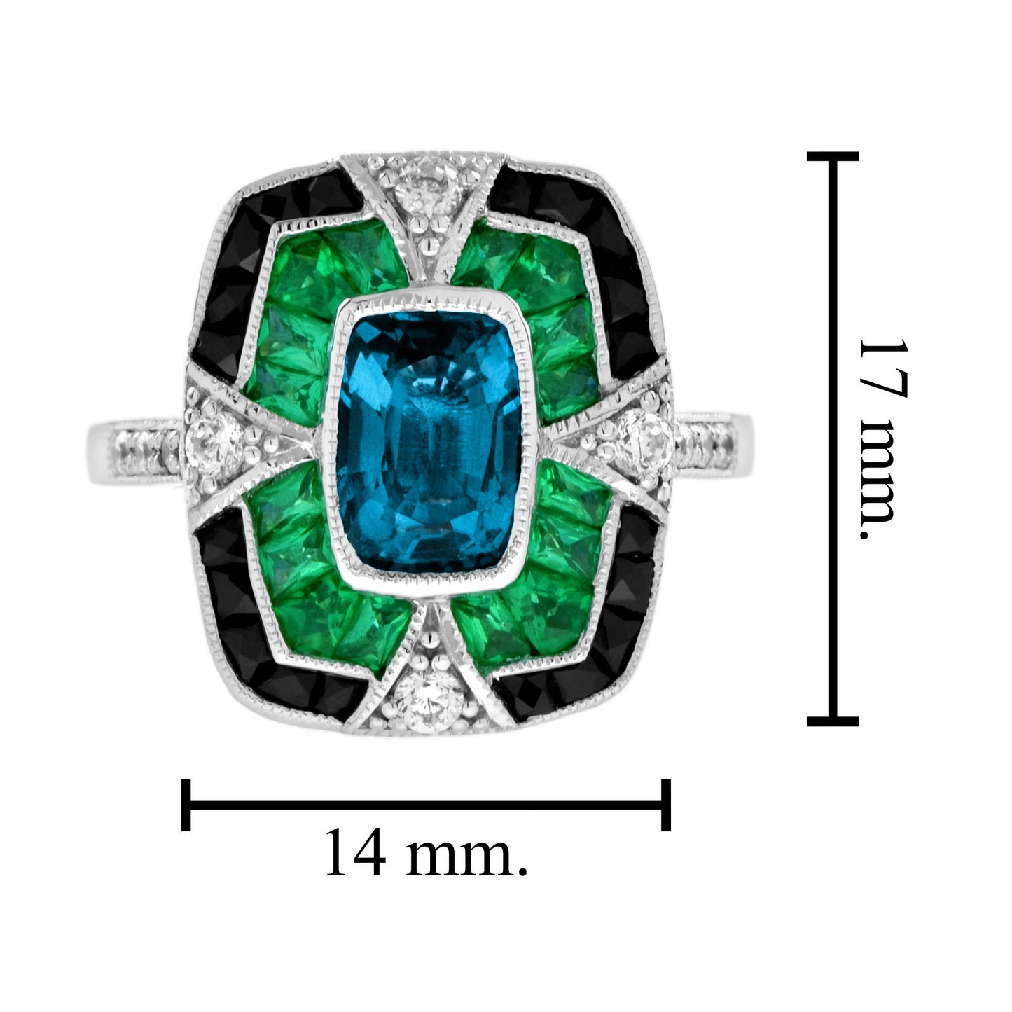 cushion shape london blue topaz & onyx emerald diamond art deco white gold ring