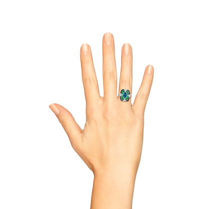 Cushion Shape London Blue Topaz & Onyx Emerald Diamond Art Deco White Gold Ring