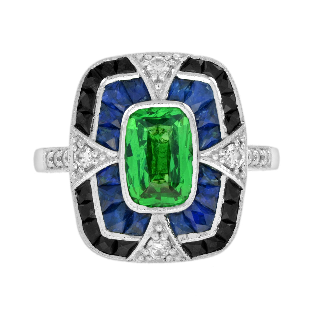 Elongated Cushion Green Tsavorite Sapphire Onyx Diamond Art Deco Style Gold Ring