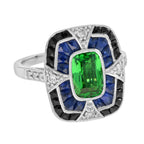 Elongated Cushion Green Tsavorite Sapphire Onyx Diamond Art Deco Style Gold Ring