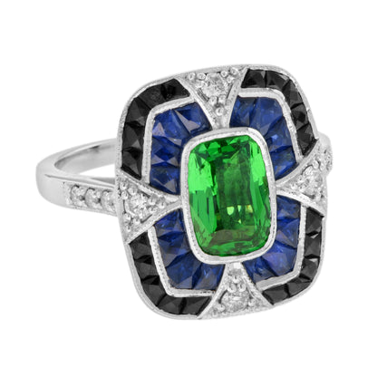 Elongated Cushion Green Tsavorite Sapphire Onyx Diamond Art Deco Style Gold Ring