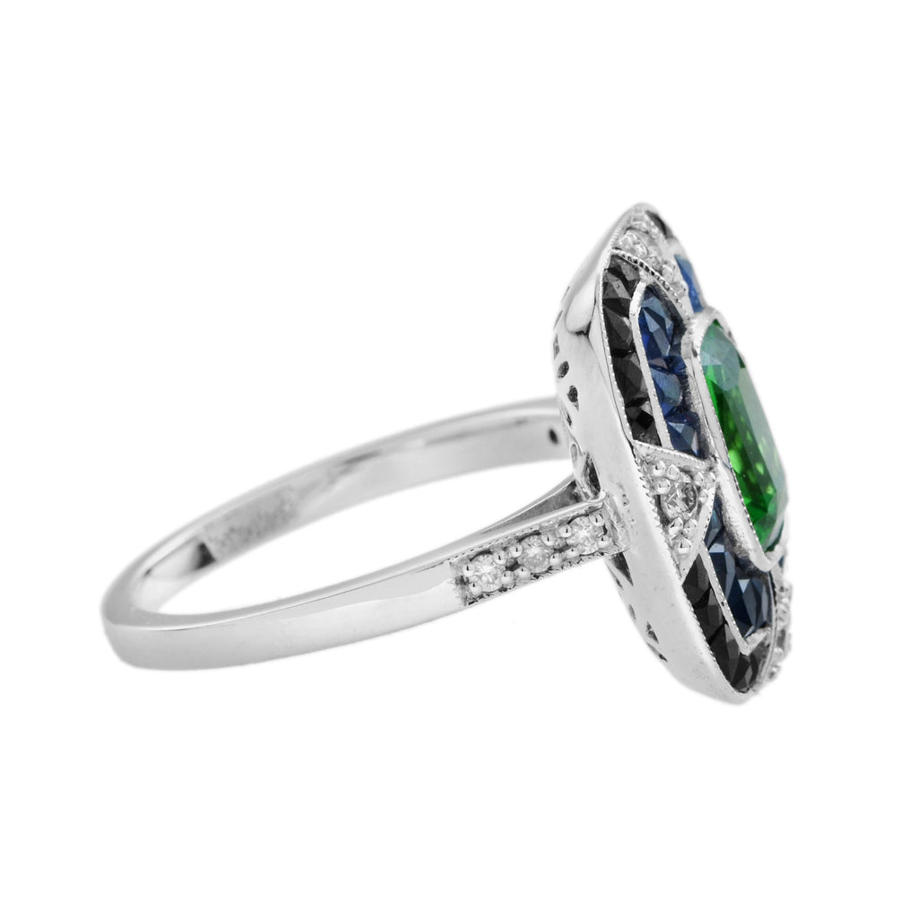 Elongated Cushion Green Tsavorite Sapphire Onyx Diamond Art Deco Style Gold Ring