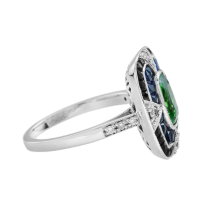 Elongated Cushion Green Tsavorite Sapphire Onyx Diamond Art Deco Style Gold Ring
