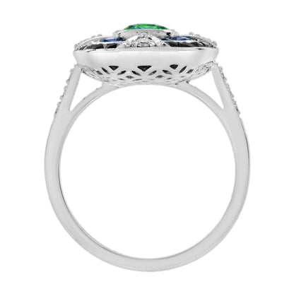 Elongated Cushion Green Tsavorite Sapphire Onyx Diamond Art Deco Style Gold Ring