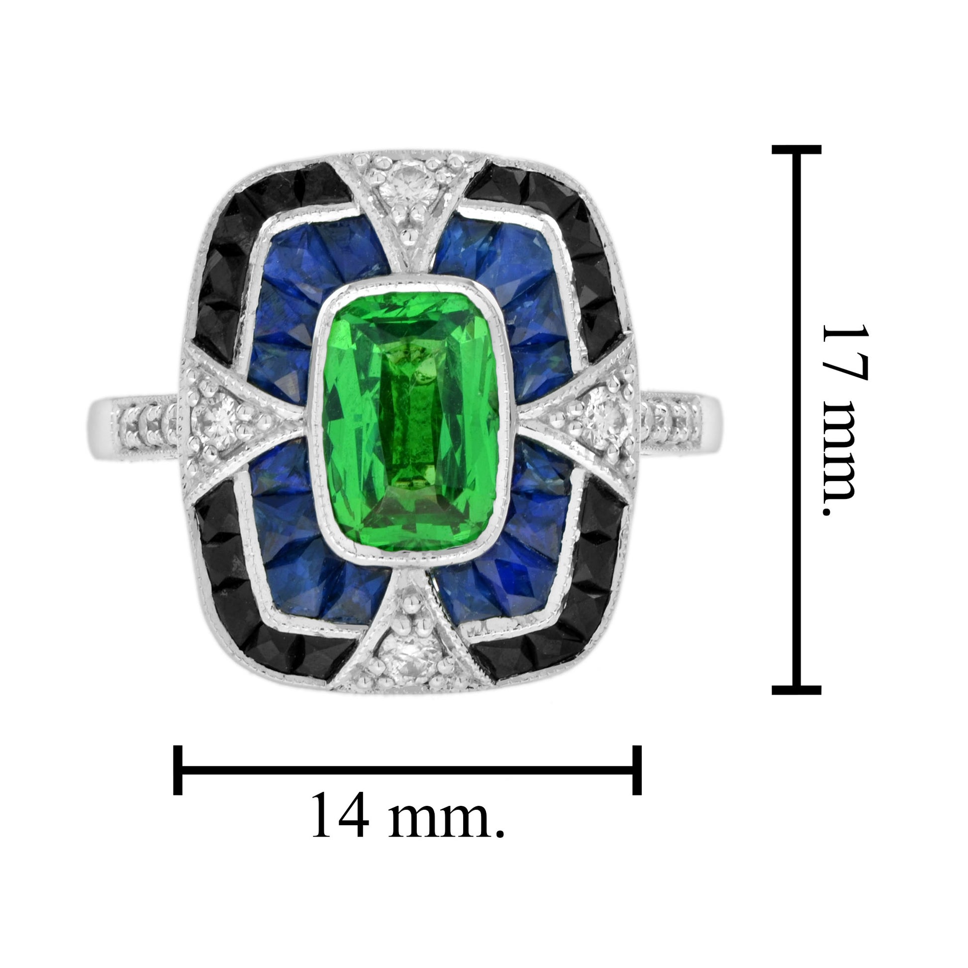 Elongated Cushion Green Tsavorite Sapphire Onyx Diamond Art Deco Style Gold Ring