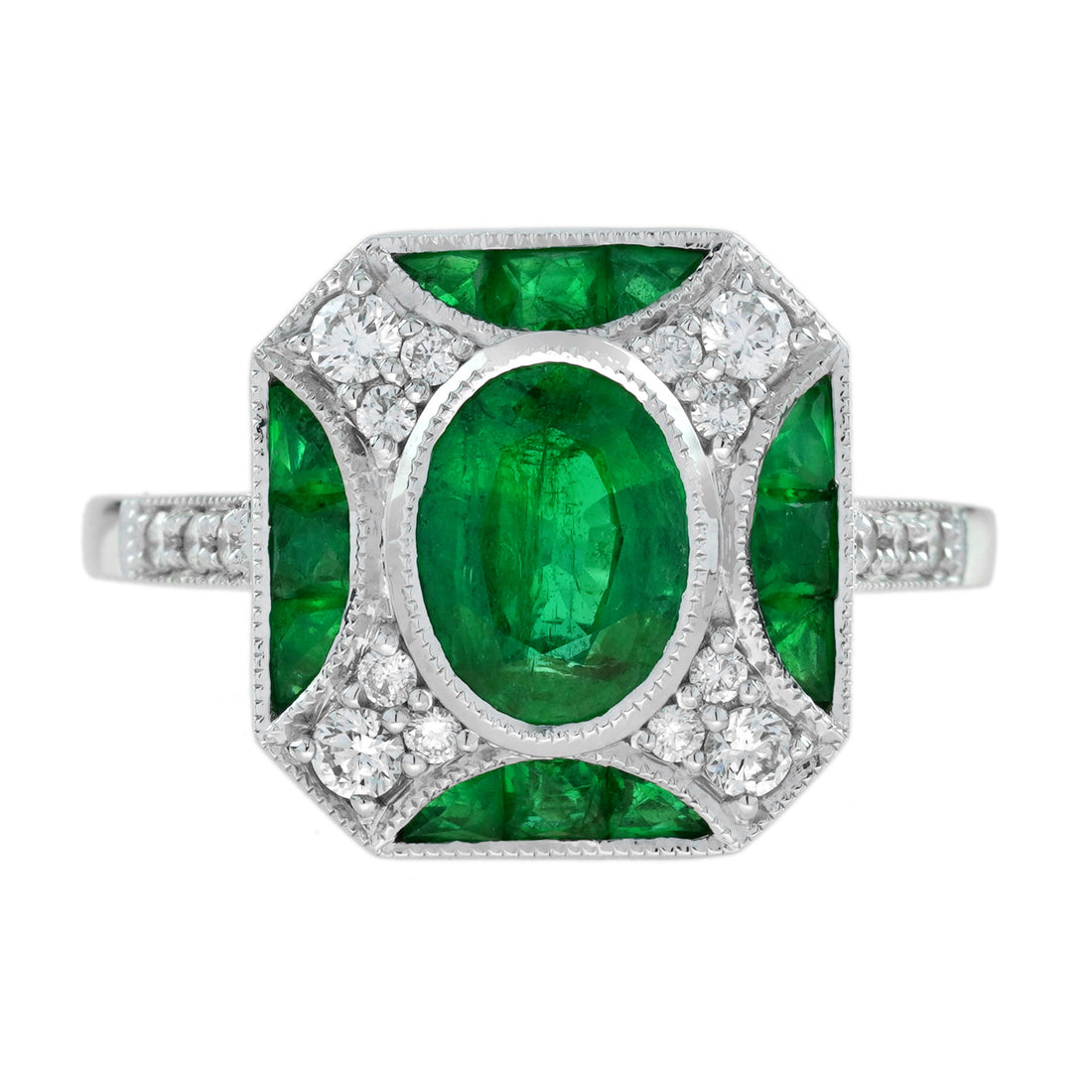 Oval Shape Green Emerald & Diamond Vintage Art Deco Style White Gold Ring