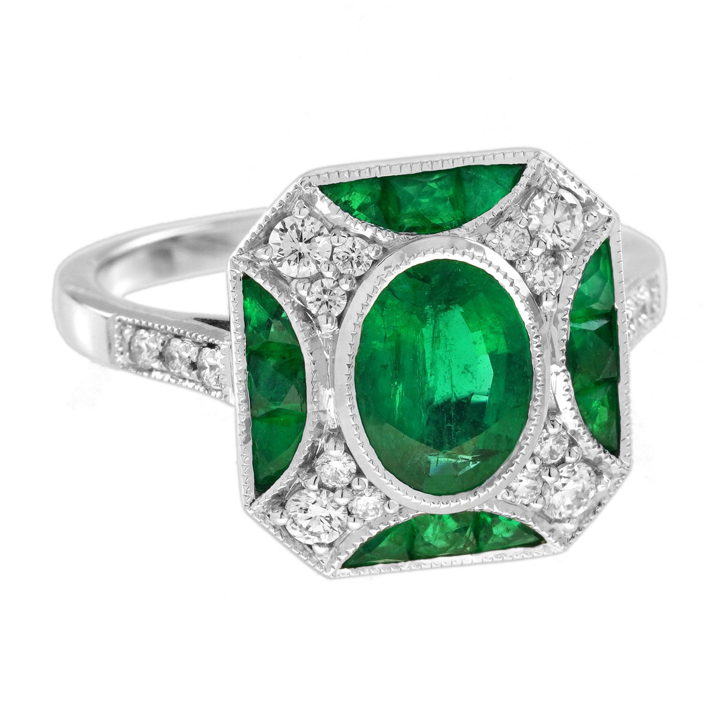 oval shape green emerald & diamond vintage art deco style white gold ring