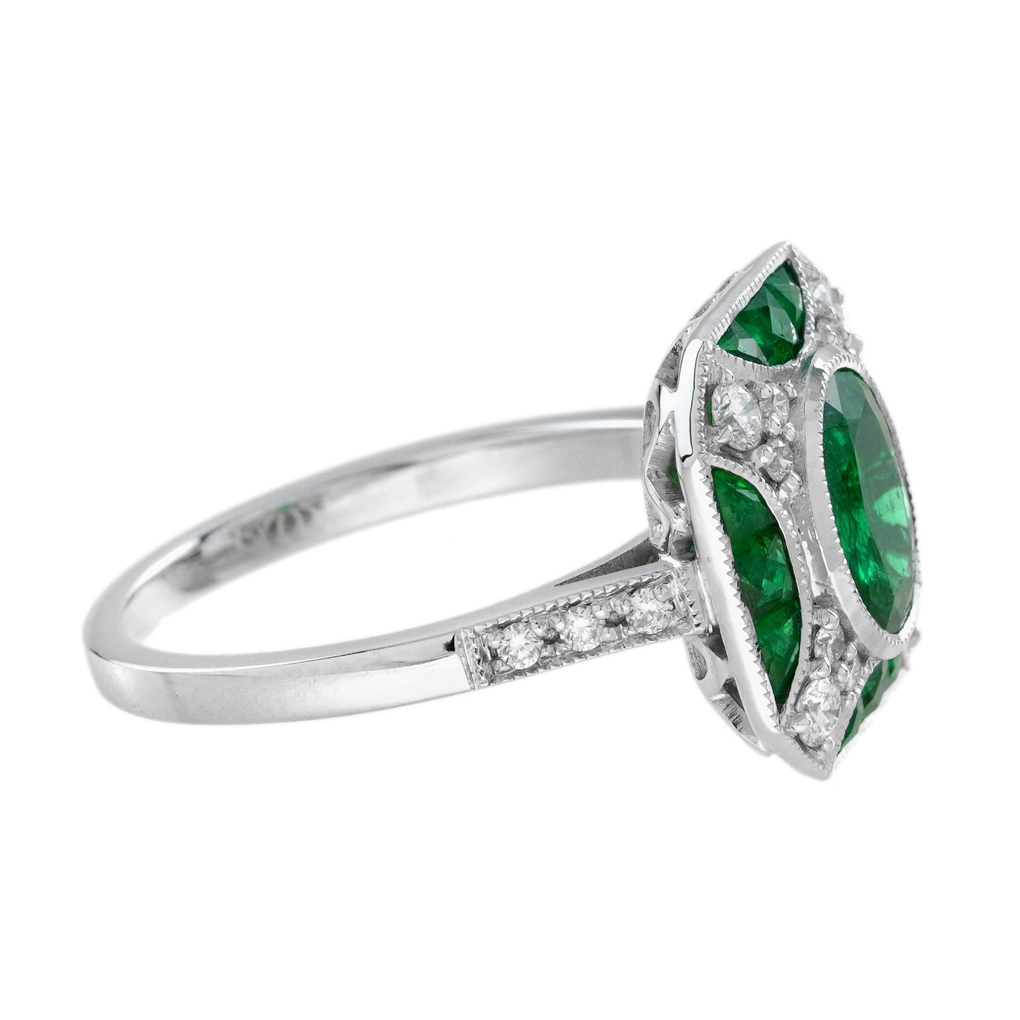 oval shape green emerald & diamond vintage art deco style white gold ring