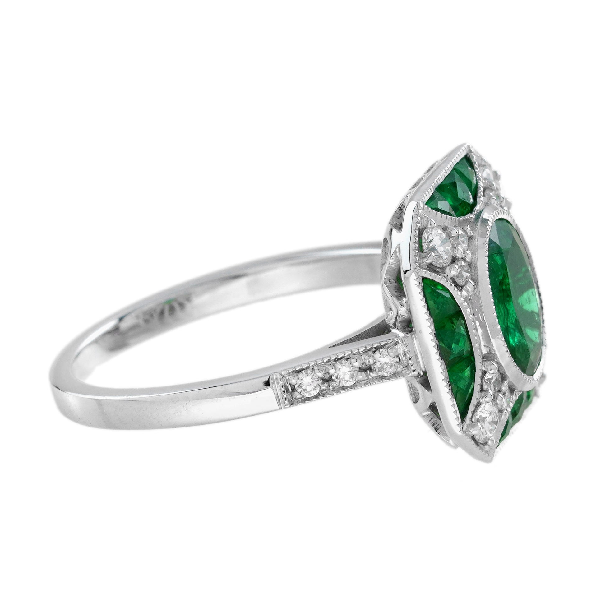 Oval Shape Green Emerald & Diamond Vintage Art Deco Style White Gold Ring