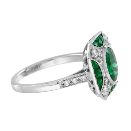 Oval Shape Green Emerald & Diamond Vintage Art Deco Style White Gold Ring