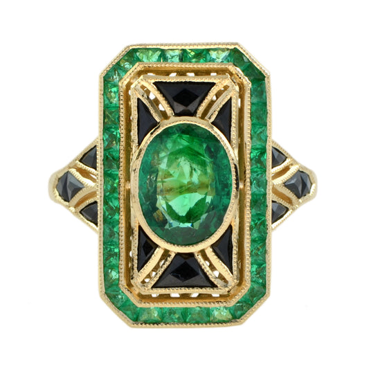 Oval Shape Green Emerald & Black Onyx Art Deco Style 14K Yellow Gold Ring
