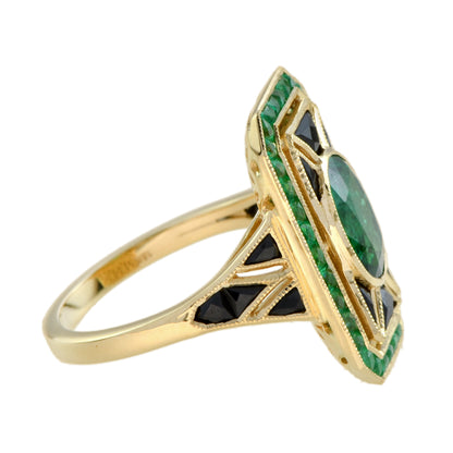Oval Shape Green Emerald &amp; Black Onyx Art Deco Style 14K Yellow Gold Ring