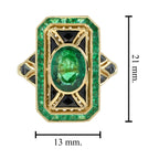 Oval Shape Green Emerald & Black Onyx Art Deco Style 14K Yellow Gold Ring
