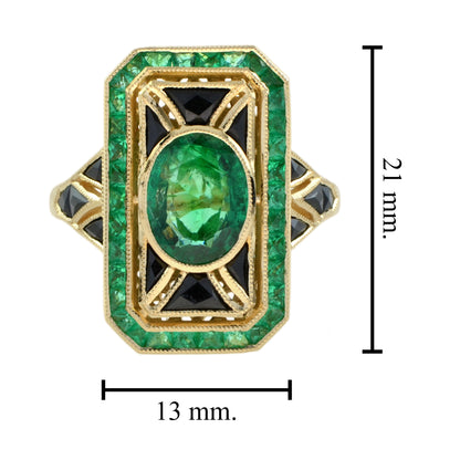 Oval Shape Green Emerald &amp; Black Onyx Art Deco Style 14K Yellow Gold Ring