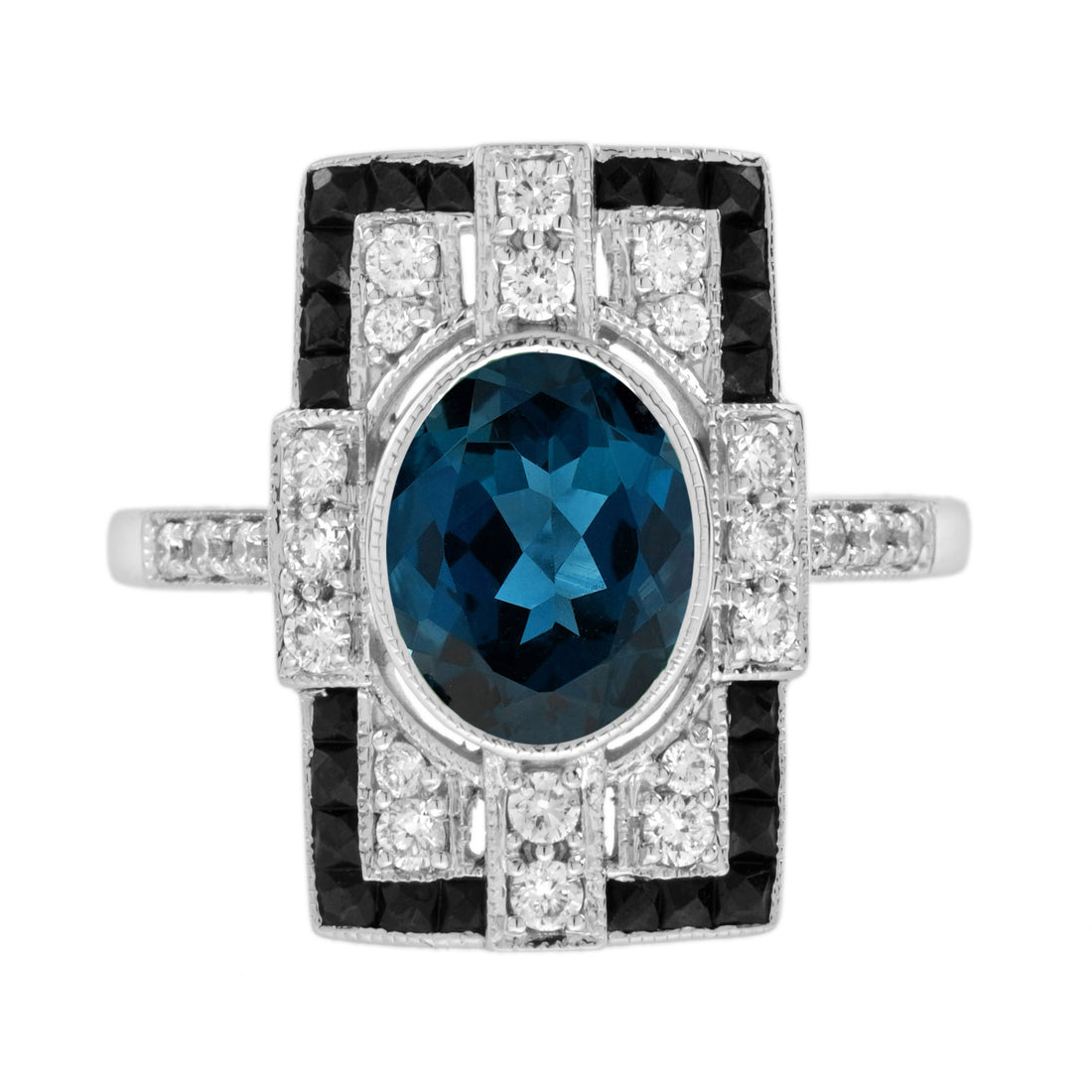 London Blue Topaz & Diamond and Black Onyx Art Deco Style 14K White Gold Ring