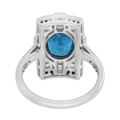 London Blue Topaz & Diamond and Black Onyx Art Deco Style 14K White Gold Ring