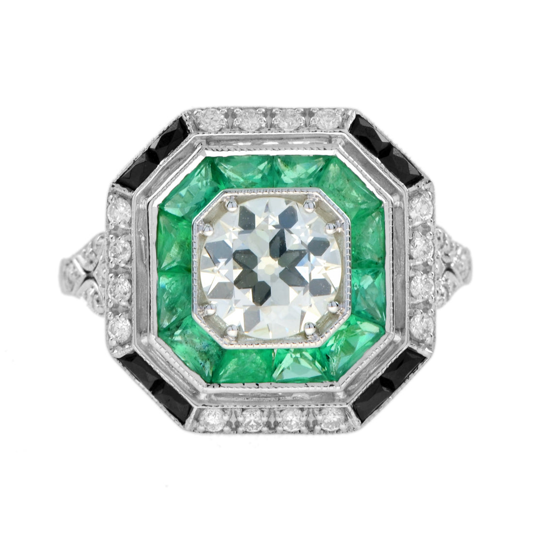 Old Cut GIA Diamond Green Emerald Onyx Octagonal Engagement 18K White Gold Ring