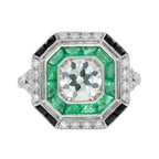 Old Cut GIA Diamond Green Emerald Onyx Octagonal Engagement 18K White Gold Ring