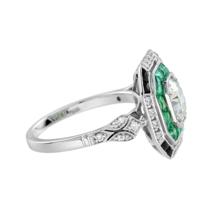 Old Cut GIA Diamond Green Emerald Onyx Octagonal Engagement 18K White Gold Ring