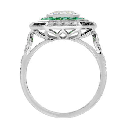 Old Cut GIA Diamond Green Emerald Onyx Octagonal Engagement 18K White Gold Ring