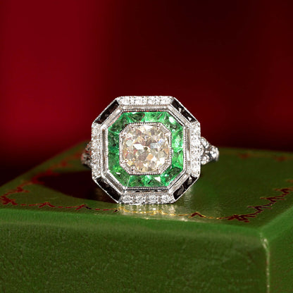 Old Cut GIA Diamond Green Emerald Onyx Octagonal Engagement 18K White Gold Ring