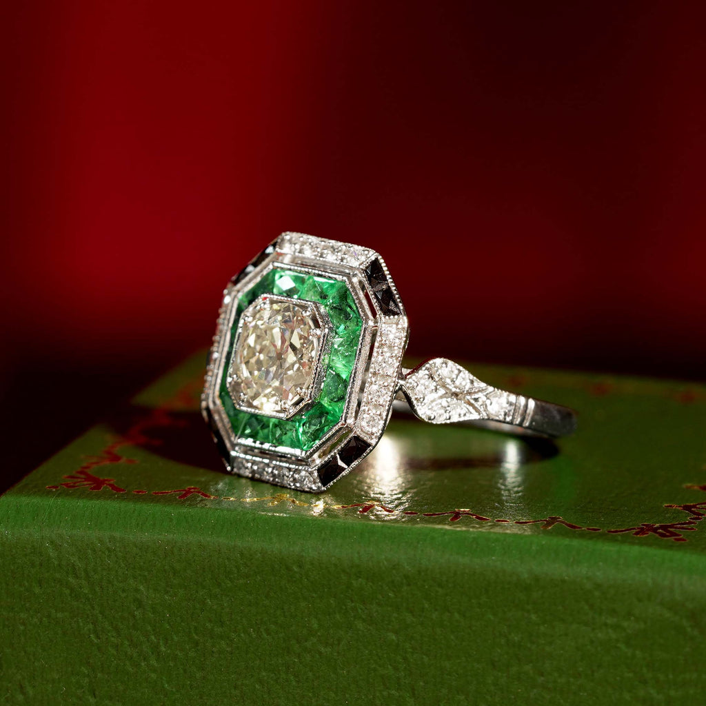 Old Cut GIA Diamond Green Emerald Onyx Octagonal Engagement 18K White Gold Ring