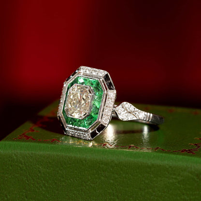 Old Cut GIA Diamond Green Emerald Onyx Octagonal Engagement 18K White Gold Ring