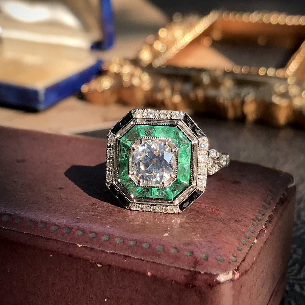 Old Cut GIA Diamond Green Emerald Onyx Octagonal Engagement 18K White Gold Ring
