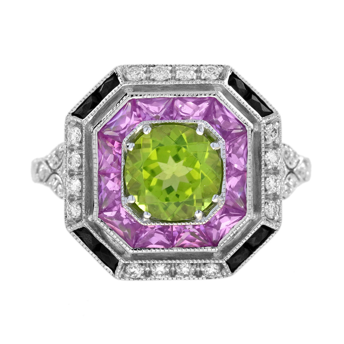 Green Peridot &amp; Pink Sapphire and Diamond Art Deco Style White Gold Ring