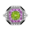 Green Peridot & Pink Sapphire and Diamond Art Deco Style White Gold Ring