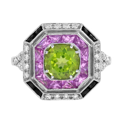 Green Peridot &amp; Pink Sapphire and Diamond Art Deco Style White Gold Ring