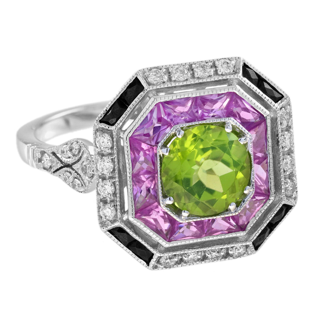 Green Peridot &amp; Pink Sapphire and Diamond Art Deco Style White Gold Ring