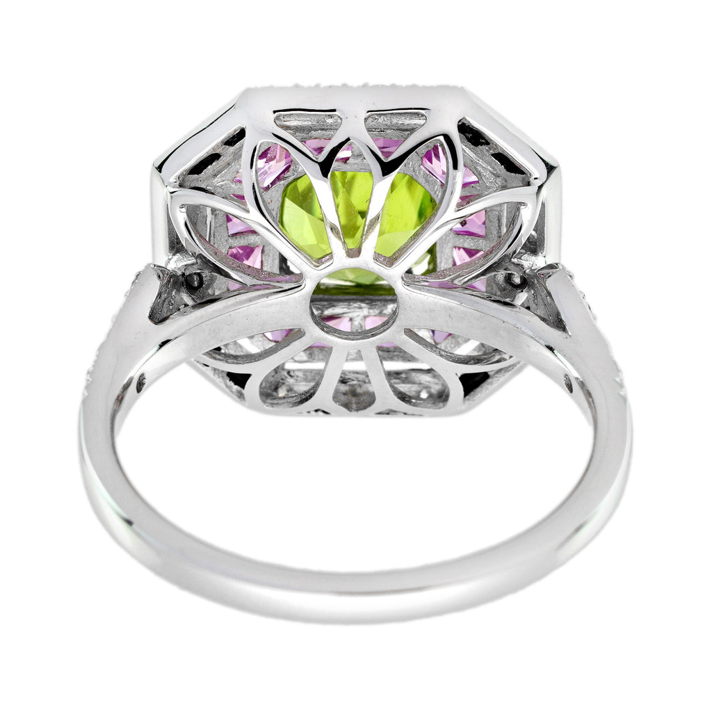Green Peridot & Pink Sapphire and Diamond Art Deco Style White Gold Ring