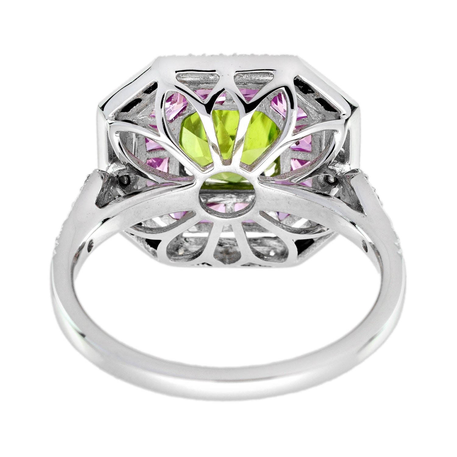 Green Peridot &amp; Pink Sapphire and Diamond Art Deco Style White Gold Ring