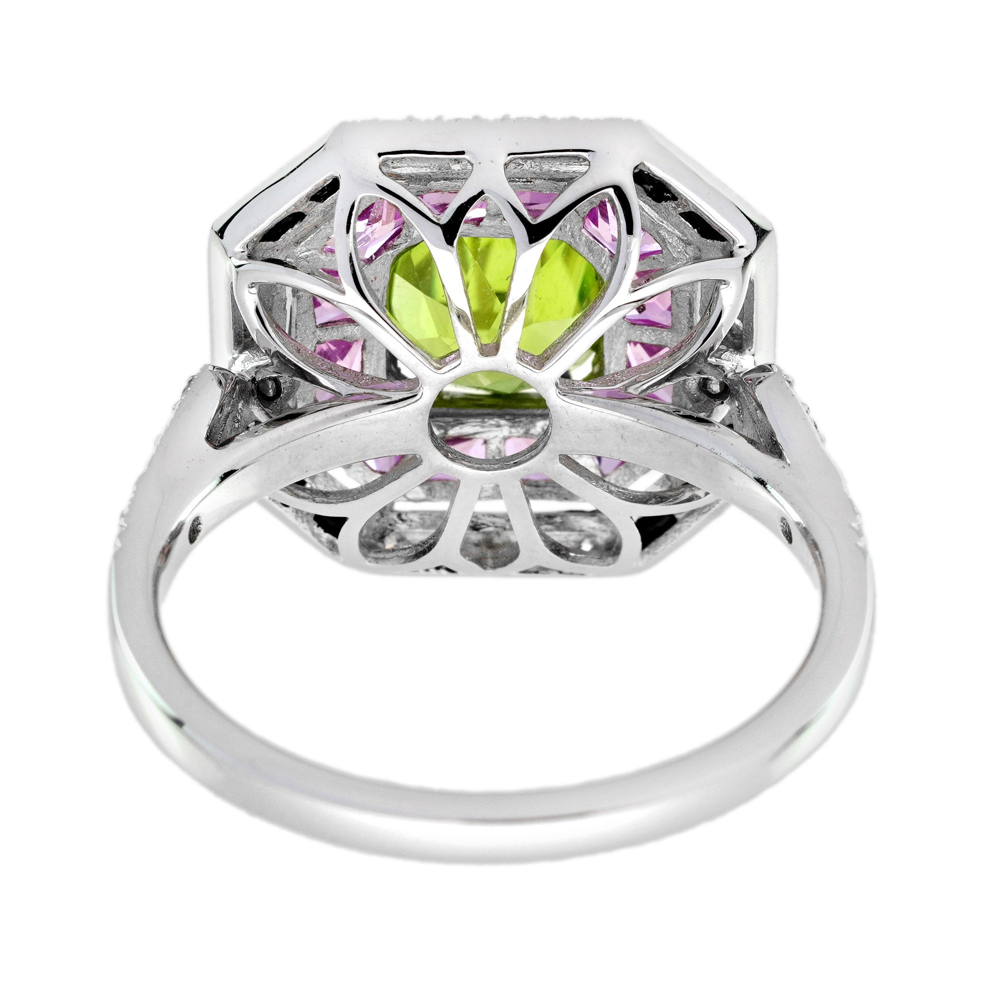 Green Peridot &amp; Pink Sapphire and Diamond Art Deco Style White Gold Ring