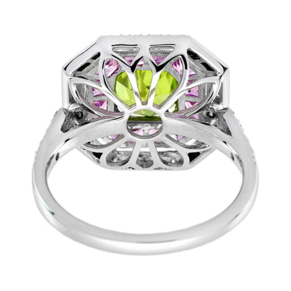 Green Peridot &amp; Pink Sapphire and Diamond Art Deco Style White Gold Ring