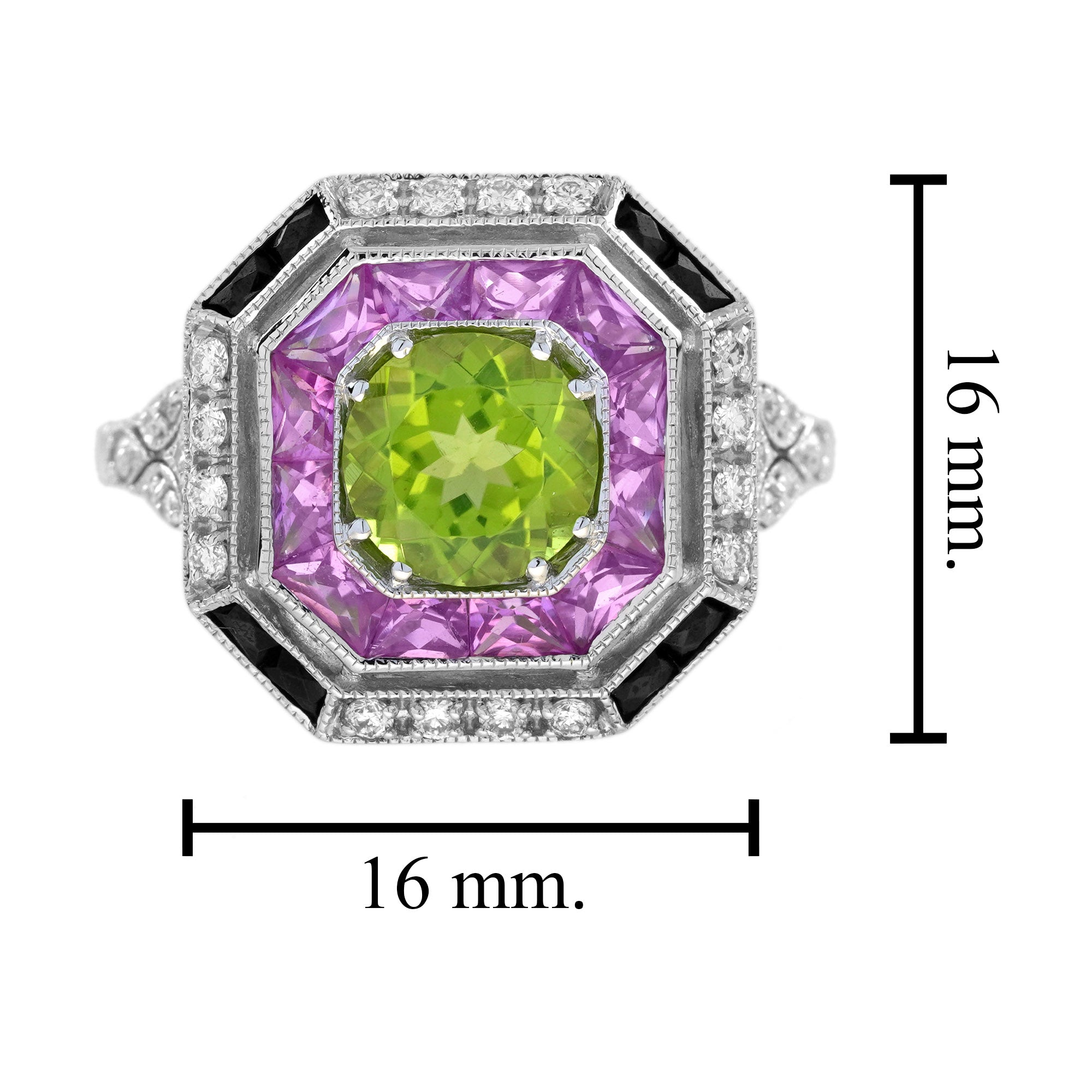 Green Peridot &amp; Pink Sapphire and Diamond Art Deco Style White Gold Ring