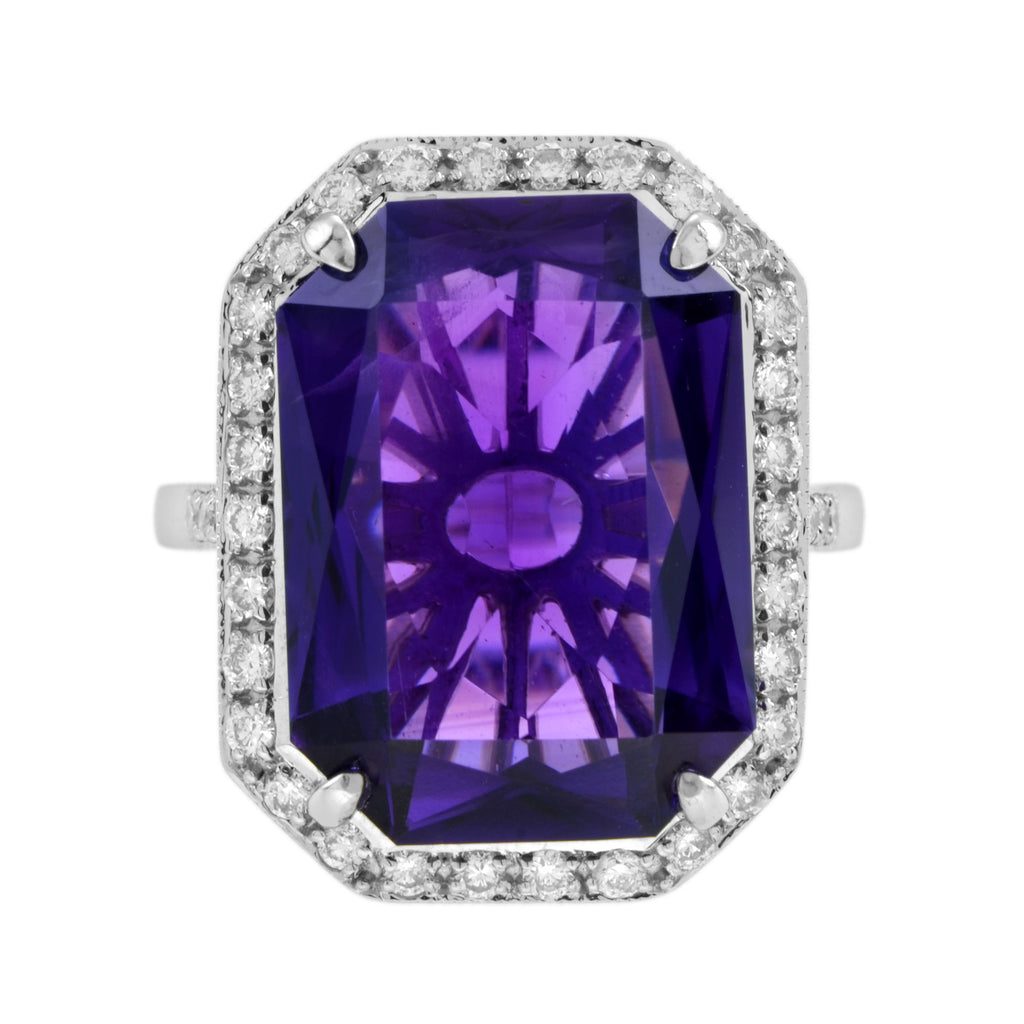 Octagon Emerald Cut Certified Purple Amethyst & Diamond Halo Art Deco Style Ring