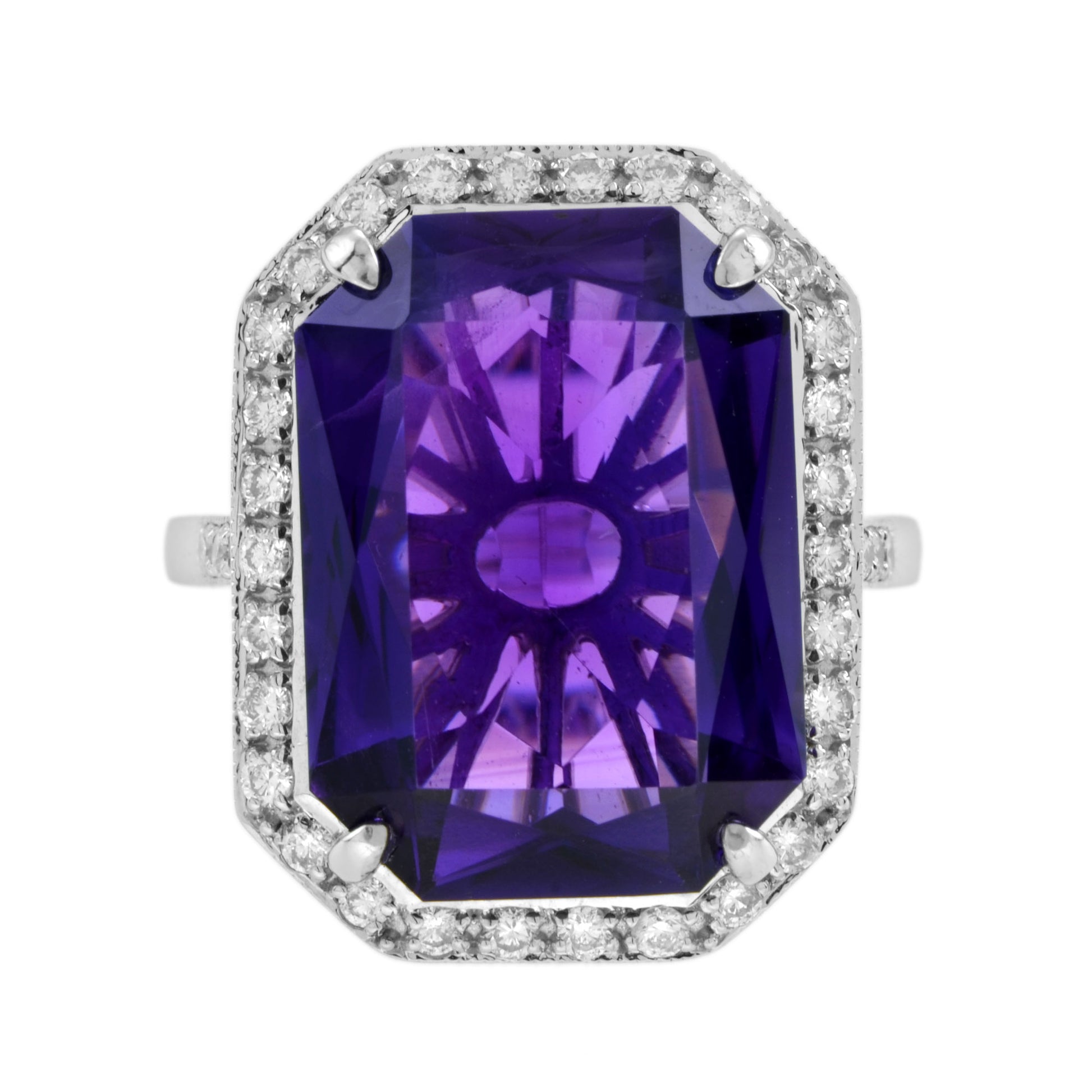 Octagon Emerald Cut Certified Purple Amethyst & Diamond Halo Art Deco Style Ring