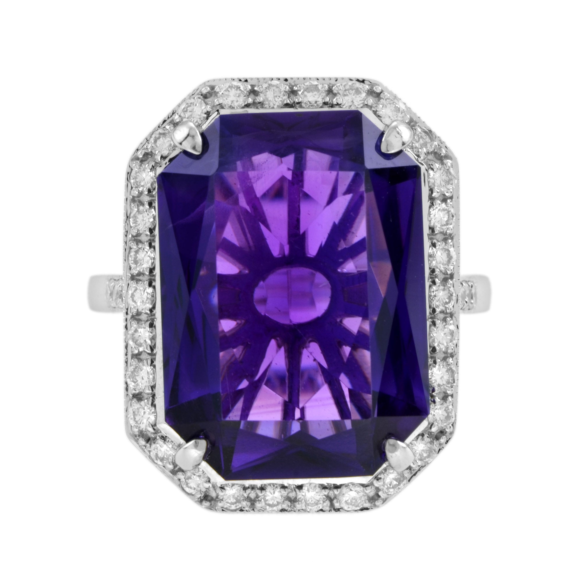 Octagon Emerald Cut Certified Purple Amethyst &amp; Diamond Halo Art Deco Style Ring