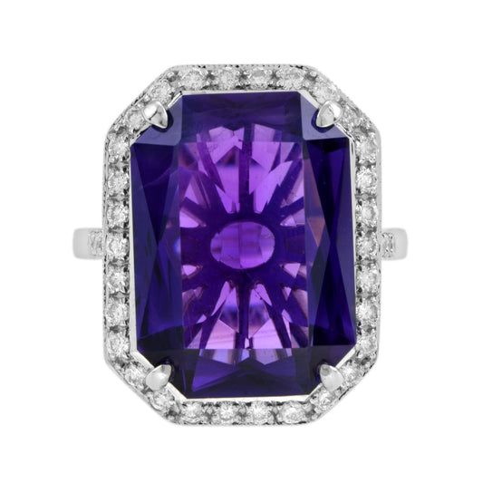 Octagon Emerald Cut Certified Purple Amethyst & Diamond Halo Art Deco Style Ring