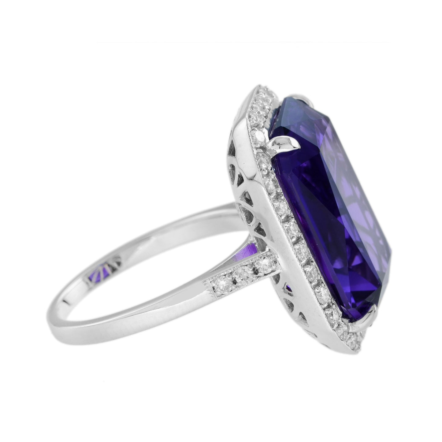 octagon emerald cut certified purple amethyst & diamond halo art deco style ring