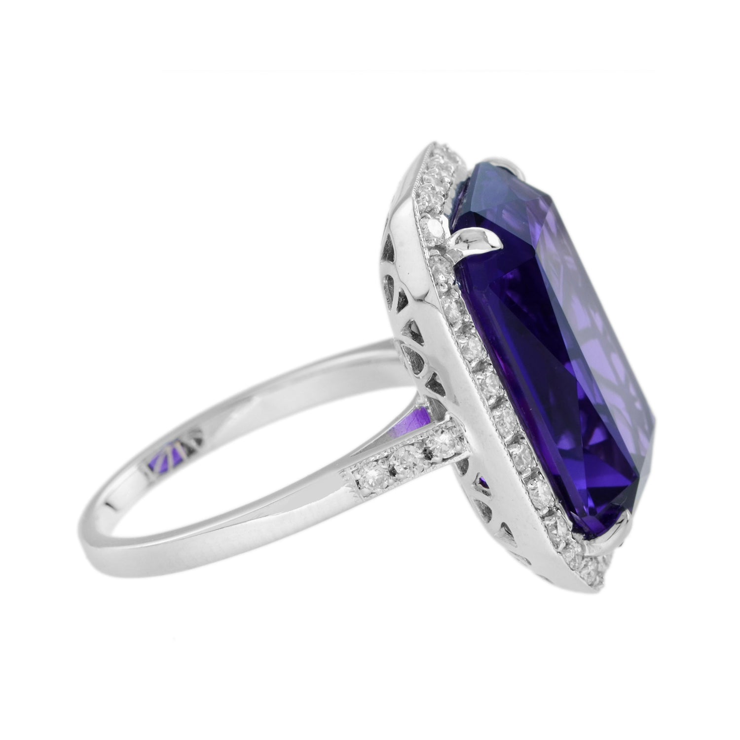 Octagon Emerald Cut Certified Purple Amethyst &amp; Diamond Halo Art Deco Style Ring