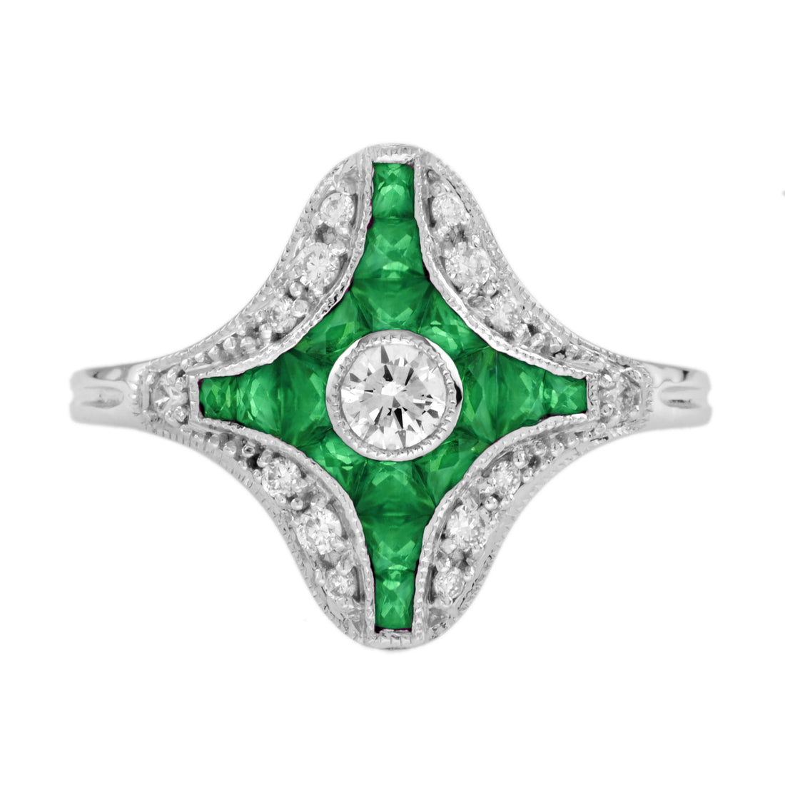 Diamond & Green Emerald Fancy Cut Art Deco Style Unique White Gold Ring