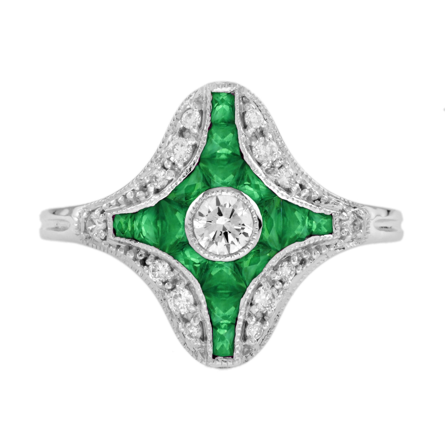 Diamond &amp; Green Emerald Fancy Cut Art Deco Style Unique White Gold Ring