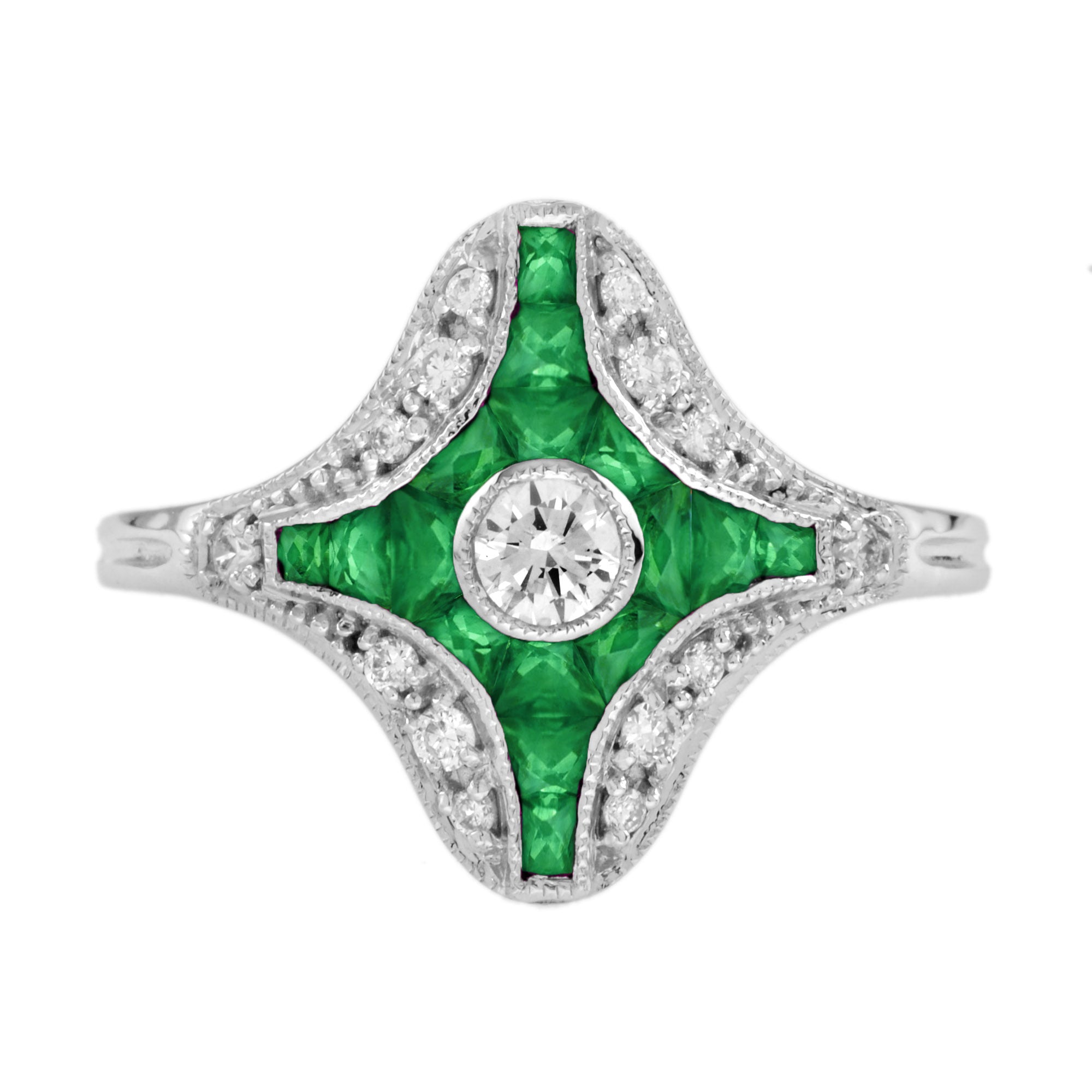 Diamond &amp; Green Emerald Fancy Cut Art Deco Style Unique White Gold Ring