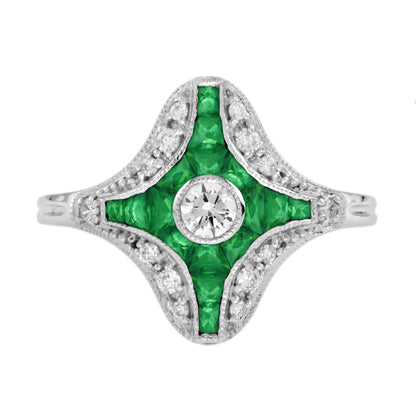 Diamond &amp; Green Emerald Fancy Cut Art Deco Style Unique White Gold Ring