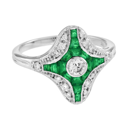 Diamond &amp; Green Emerald Fancy Cut Art Deco Style Unique White Gold Ring